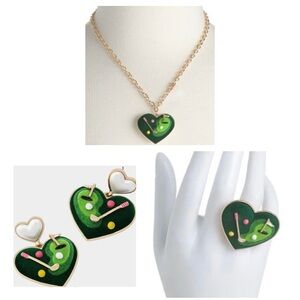 BETSEY JOHNSON SET Golf-Themed Pieces with Greens Earrings Necklace & Ring NWT
